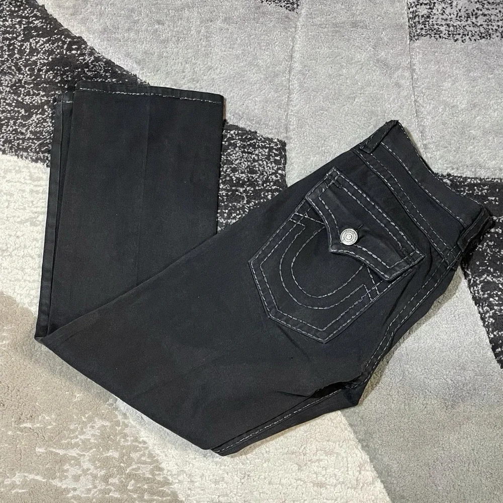 True Religion Ricky Super T Jeans Men 34x32 Black‎ Flap Pocket Thick Stitch USA